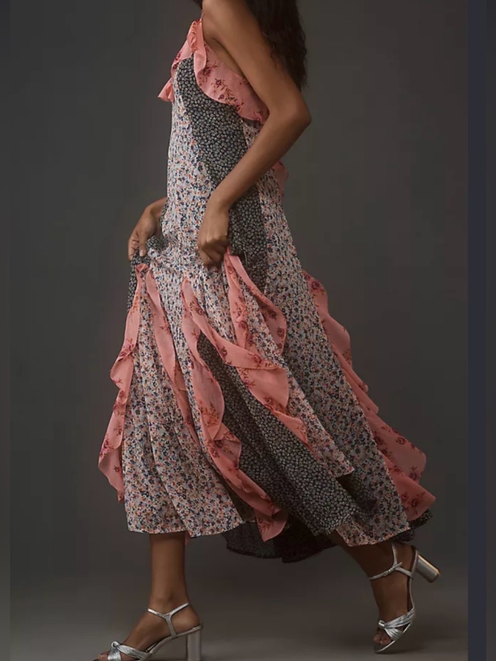 Anthropologie Sleeveless V Neck Ruffle Midi Maxi Dress Floral Pink Multi Size XL